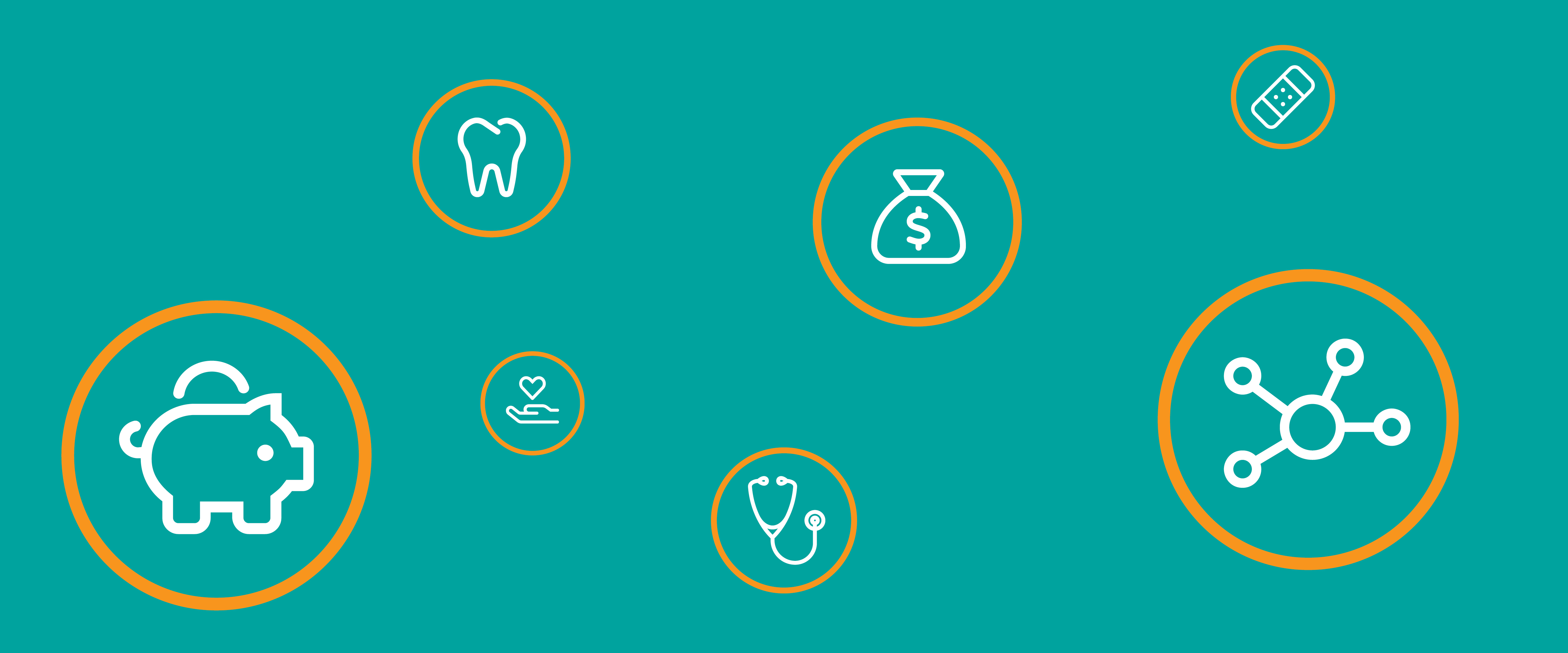 Graphic of various icons including: a piggy bank, a tooth, a hand with a heart above it, a stethoscope, a dollar sign and a Band-Aid, all placed on top of a teal background.
