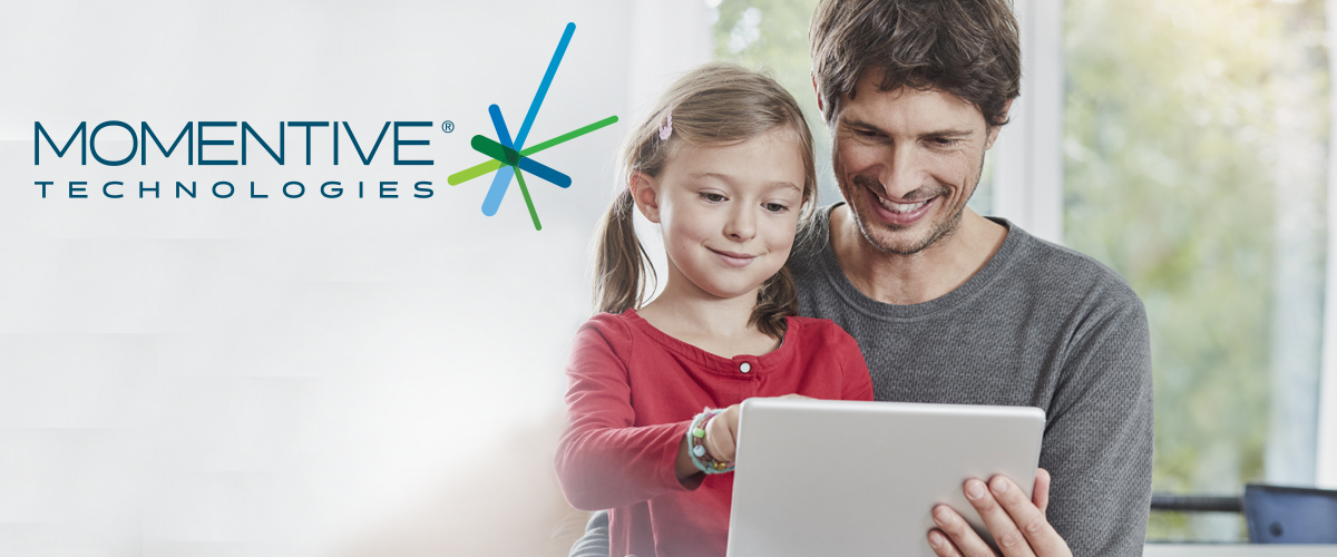 Father and daughter looking at a tablet together with an overlay of a Momentive Technologies logo.