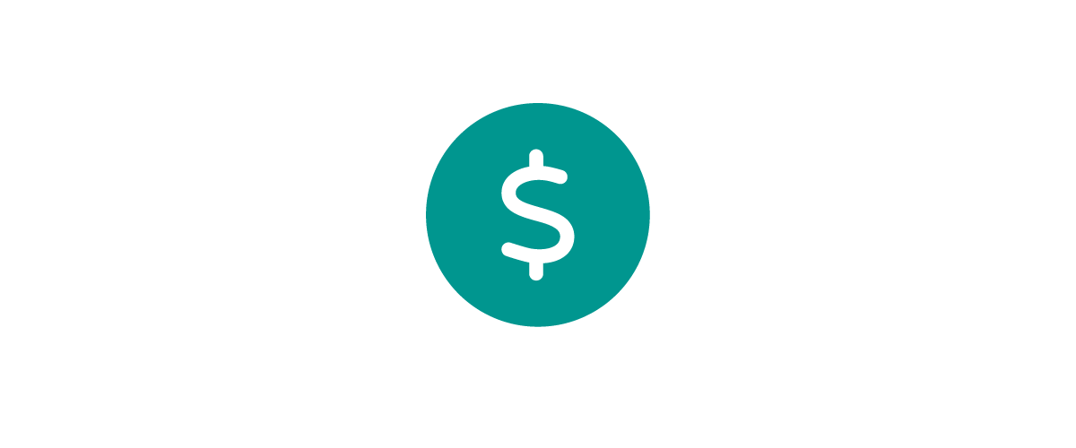 Teal circular icon with a white dollar sign, representing cost, pricing, savings, billing, or financial information related to payments or affordability.