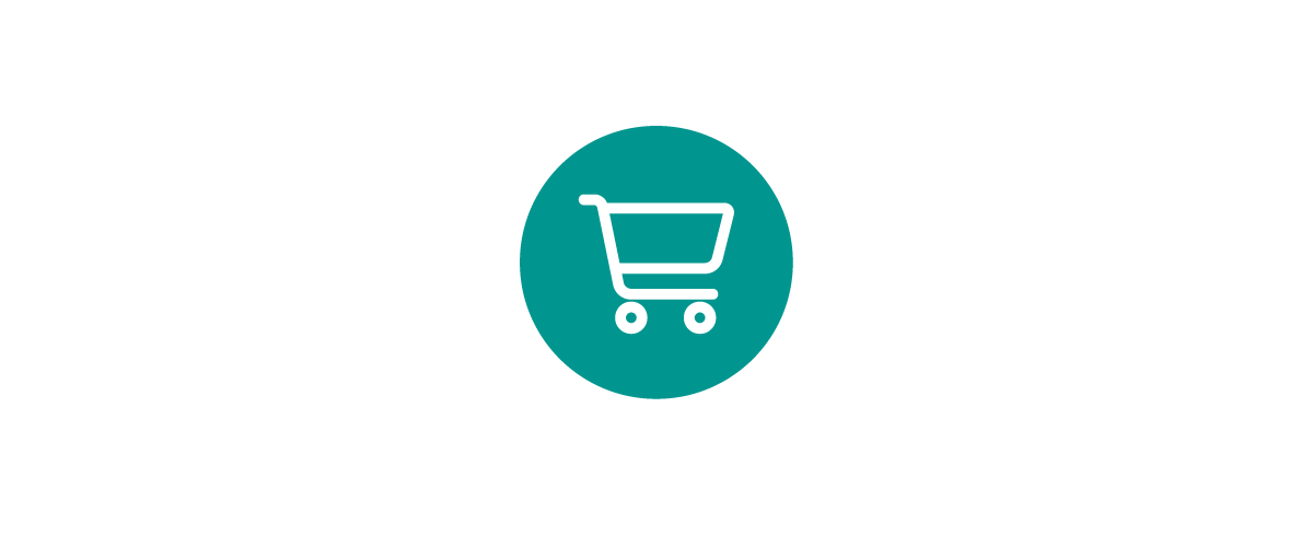 Teal circular icon with a white shopping cart, representing online shopping, plan selection, benefits enrollment, or adding products and services to a digital cart.