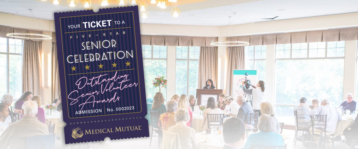 An awards ceremony in the background with a graphic of a ticket stub reading:" Senior Celebration Outstanding Senior Volunteer Awards".