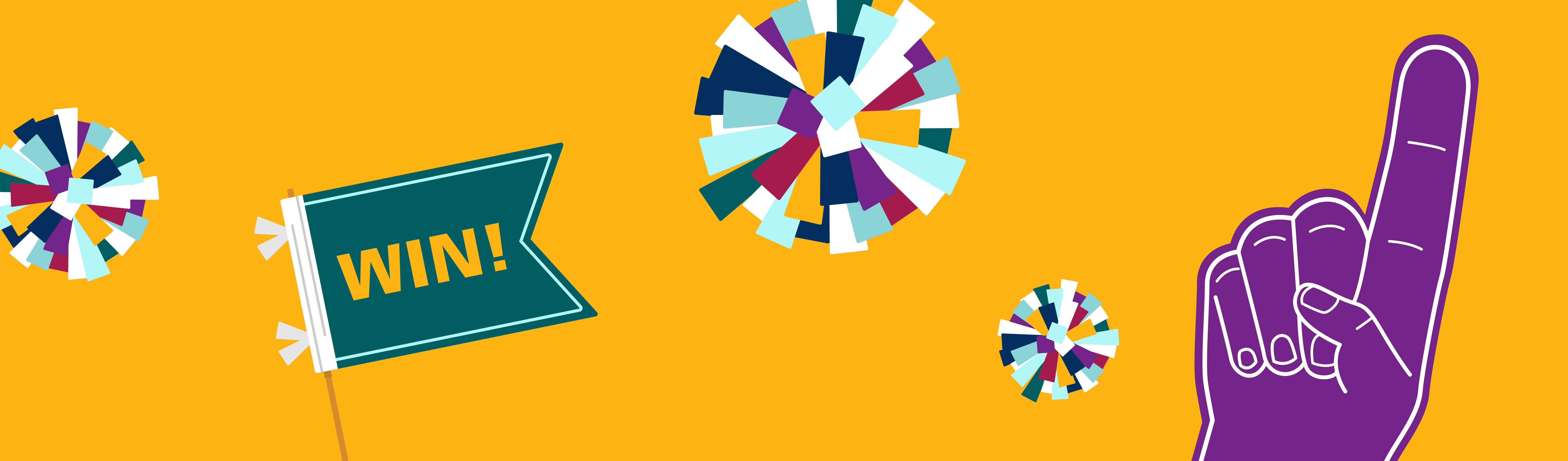 Graphic of a flag that says "WIN!", pom-poms and a foam finger.