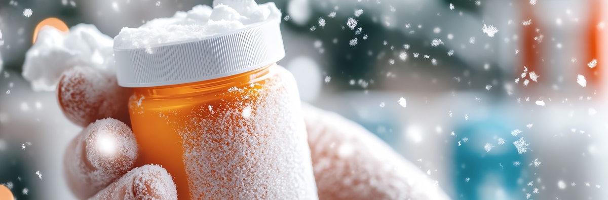 Hand holding a medication bottle covered in frost and snow, illustrating how cold weather can affect the storage and safety of medications.