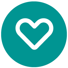 A teal circular icon featuring a simple white heart outline centered inside, representing care, compassion, favorites, or well‑being in a clean graphic style.