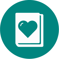 Book icon with a teal heart on the cover